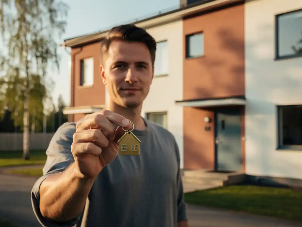 Ensiasunnon ostaja pitää messinkistä avaintaan pohjoismaisen asuinrakennuksen ovella Seinäjoella, taustalla koivuja ja suomalainen taivas.