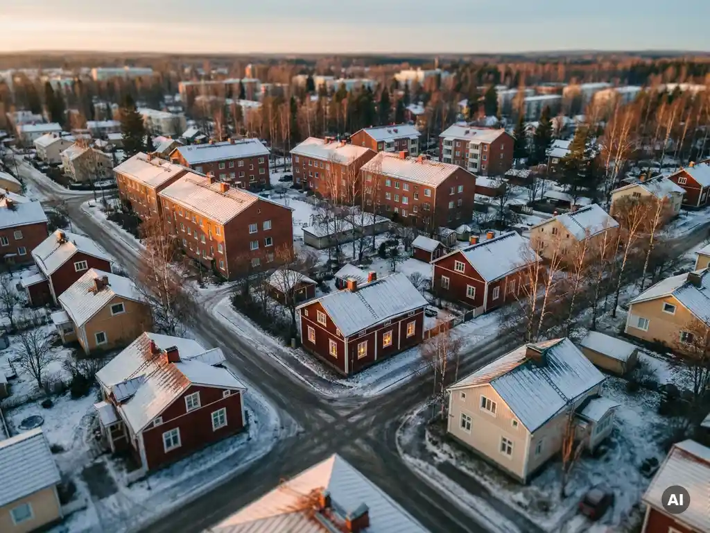 Ilmakuva Seinäjoen asuinalueesta, jossa punaisia kerrostaloja ja puutaloja koivujen keskellä ensilumen peittämänä talvihämärässä.